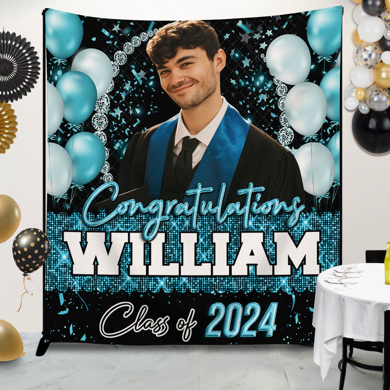 Custom Glitter Balloon Congrats Class Of 2025 Graduation Backdrop, Graduation Party Decorations FC