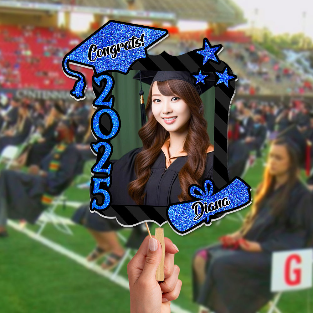 Custom Congrats 2025 With Name Photo Graduation Face Fans With Wooden Handle, Gift For Graduation Party