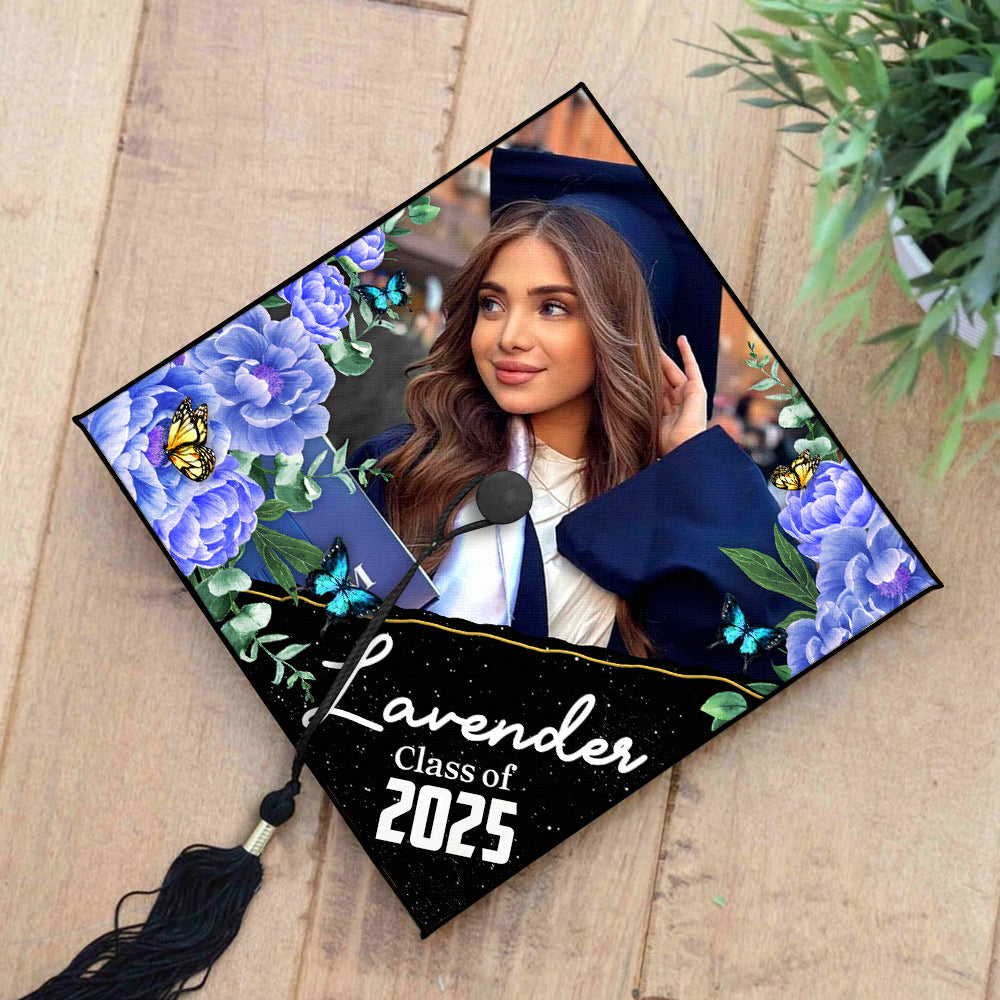 Personalized Multicolor Floral Class Of 2025 Photo Graduation Cap Topper, Graduation Keepsake FC