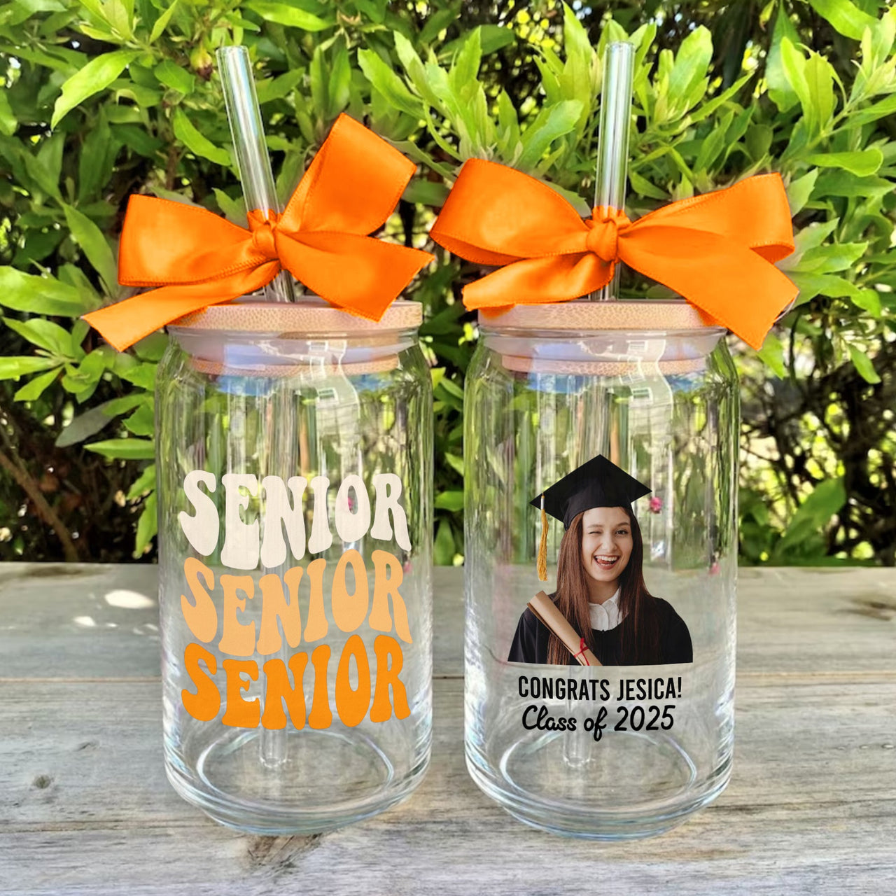 Custom Photo Glass Bottle/Frosted Bottle With Lid & Straw - Graduation Gift - Class Of 2025 Senior Retro Gift FC