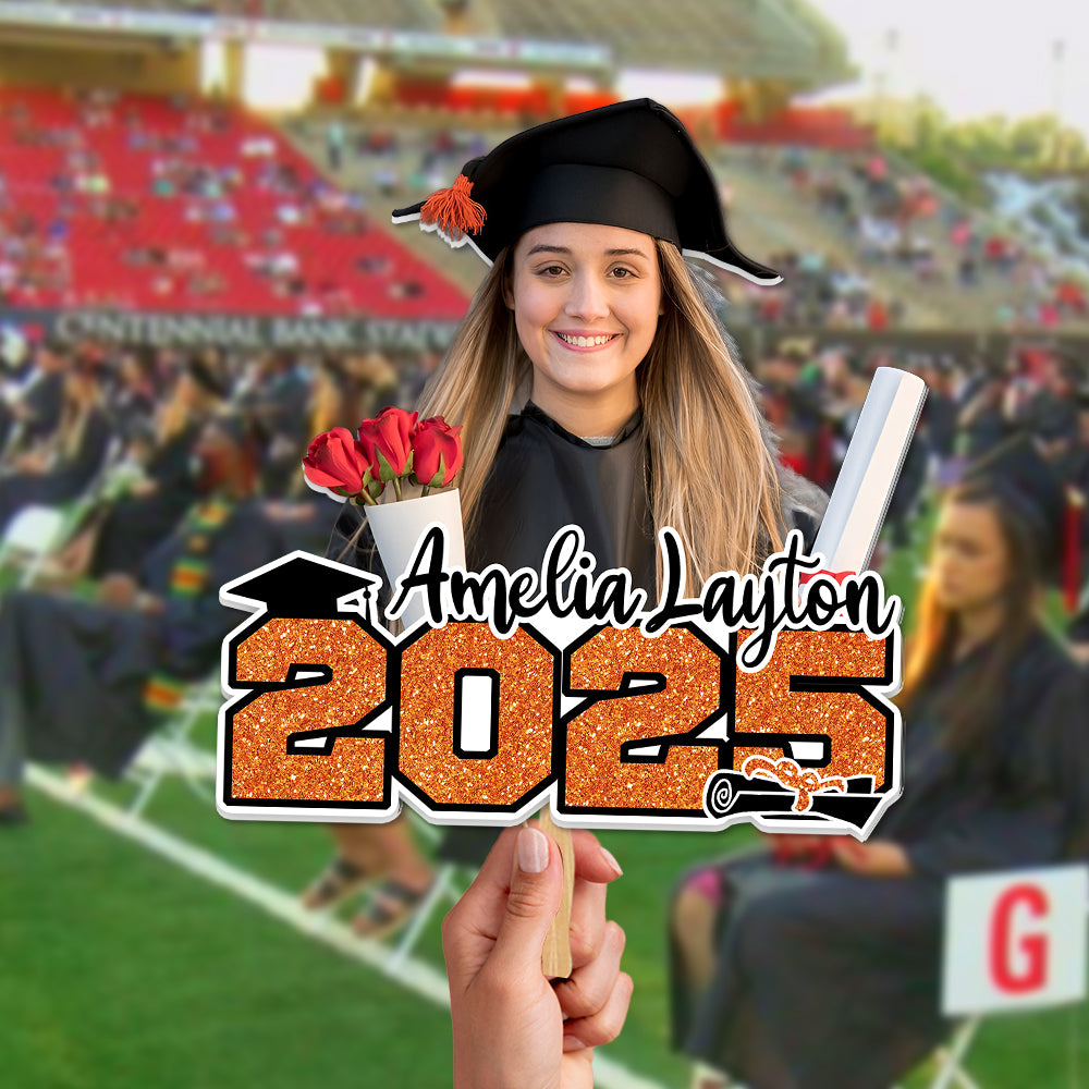 Custom Glitter 2025 Photo Graduation Face Fans With Wooden Handle, Gift For Graduation Party