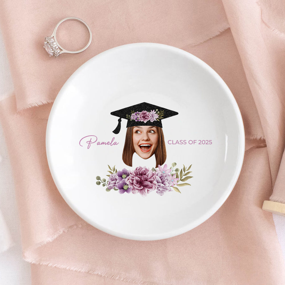 Custom Grad Photo Floral Graduation Round Jewelry Ring Dish, Jewelry Tray, Graduation Gift For Her