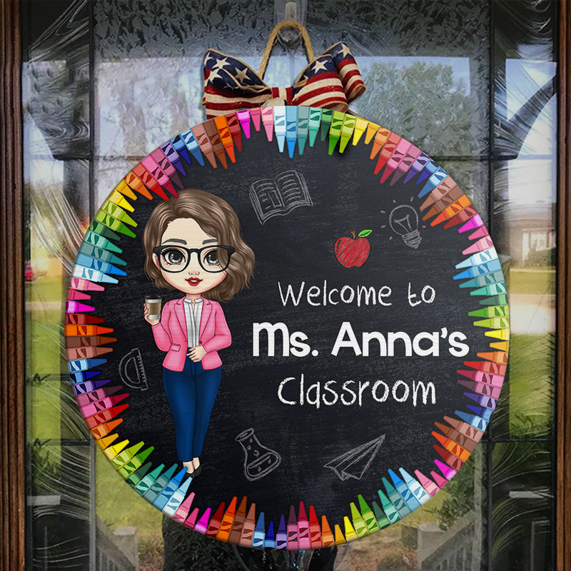 Personalized Teacher Colorful Crayon Door Sign, Classroom Welcome Door Hanger Z