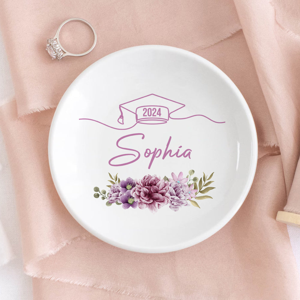 Custom Floral Class of 2024 Graduation Round Jewelry Ring Dish, Jewelry Tray, Graduation Gift For Her FC