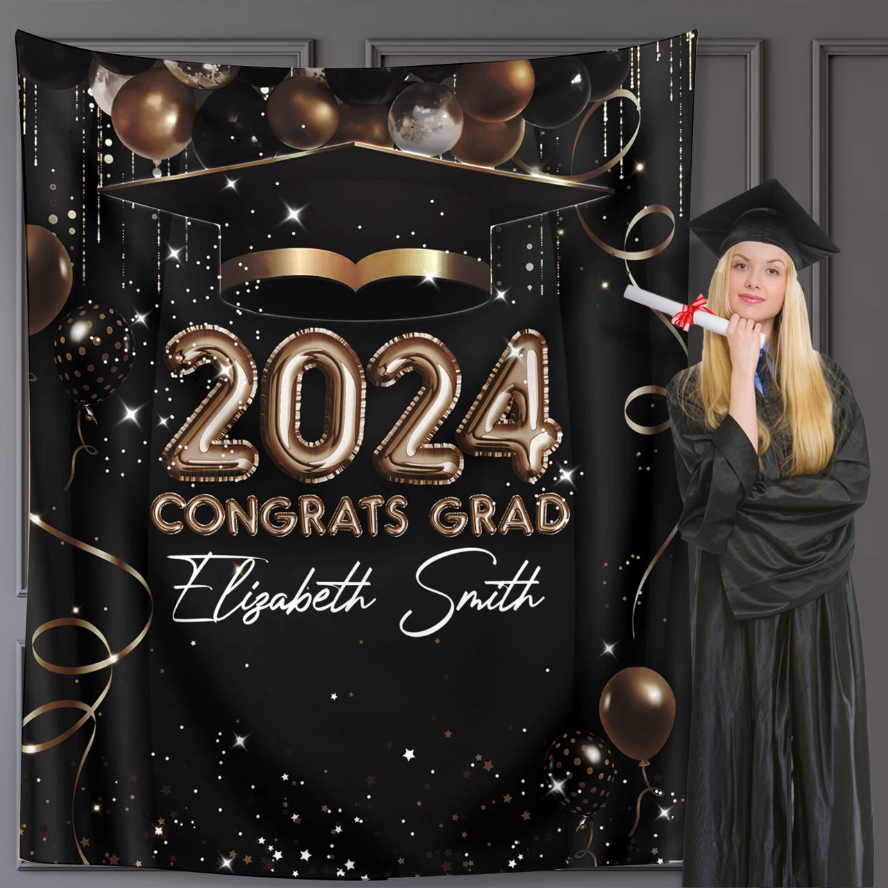 Custom Balloon Style Congrats Class Of 2024 Graduation Backdrop, Graduation Party Decorations FC