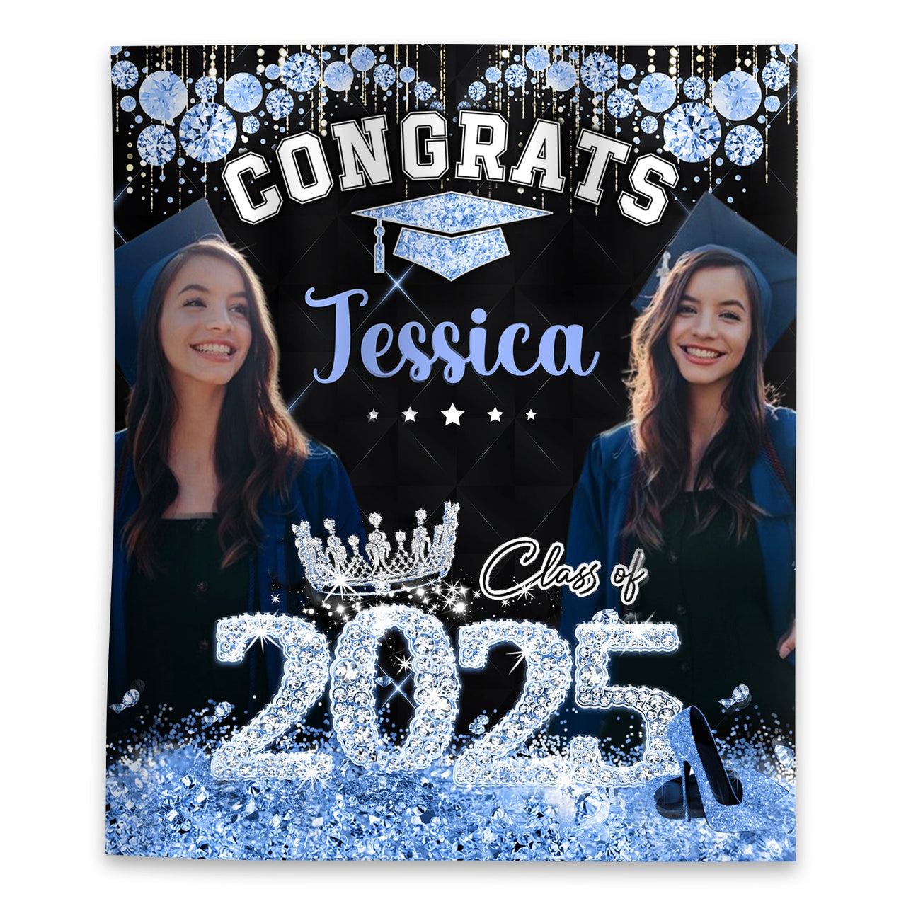 Personalized Diamond Glitter Queen Class Of 2025 Backdrop, Graduation Party Supply FC