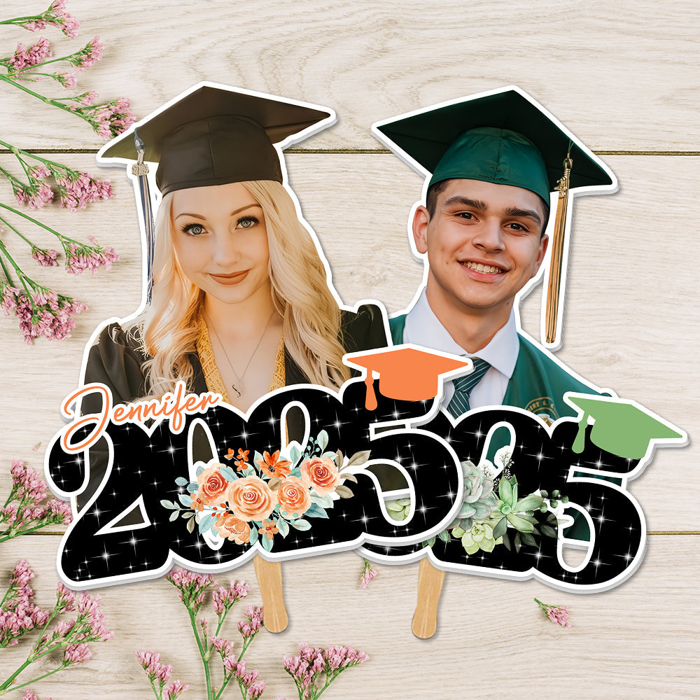 Personalized Class Of 2025 Senior Photo Face Fans With Wooden Handle, Gift For Graduation Party FC