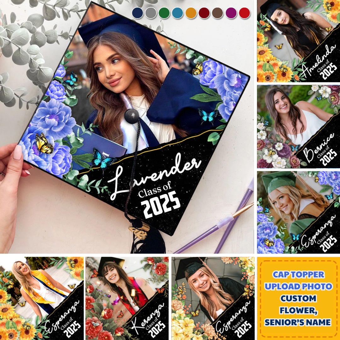 Personalized Multicolor Floral Class Of 2025 Photo Graduation Cap Topper, Graduation Keepsake FC