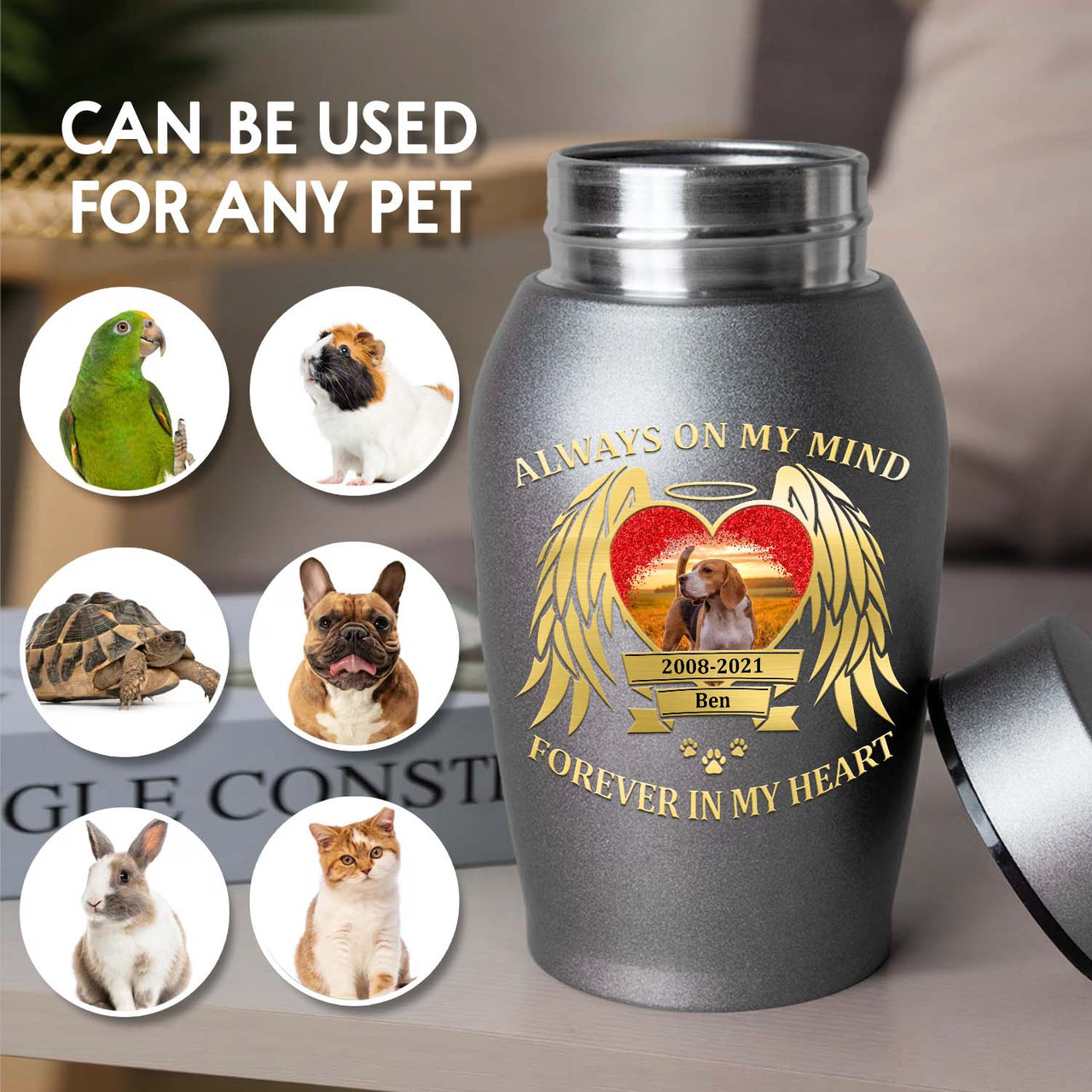 Personalized Always On My Mind Forever In My Heart Pet Urn, Keepsake Gift For Dog Cat Lovers FC