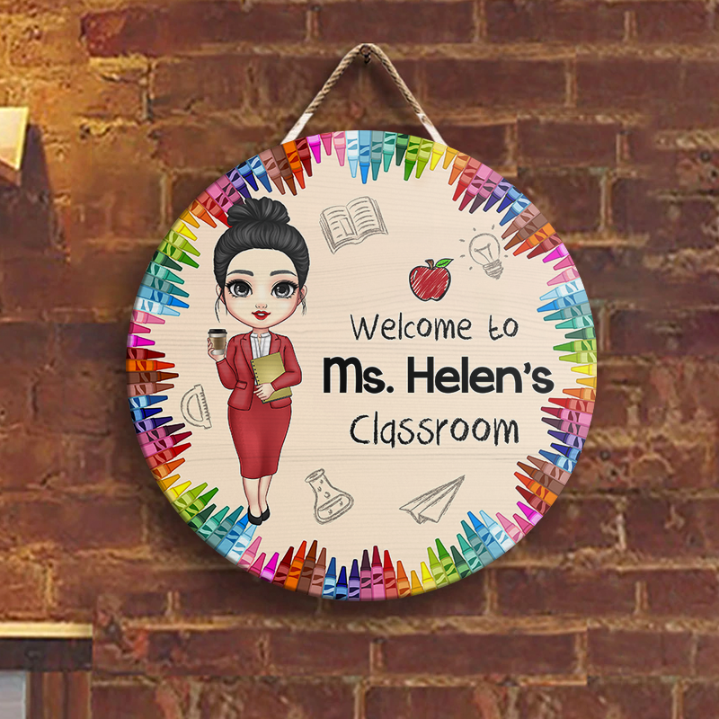 Personalized Teacher Colorful Crayon Door Sign, Classroom Welcome Door Hanger Z