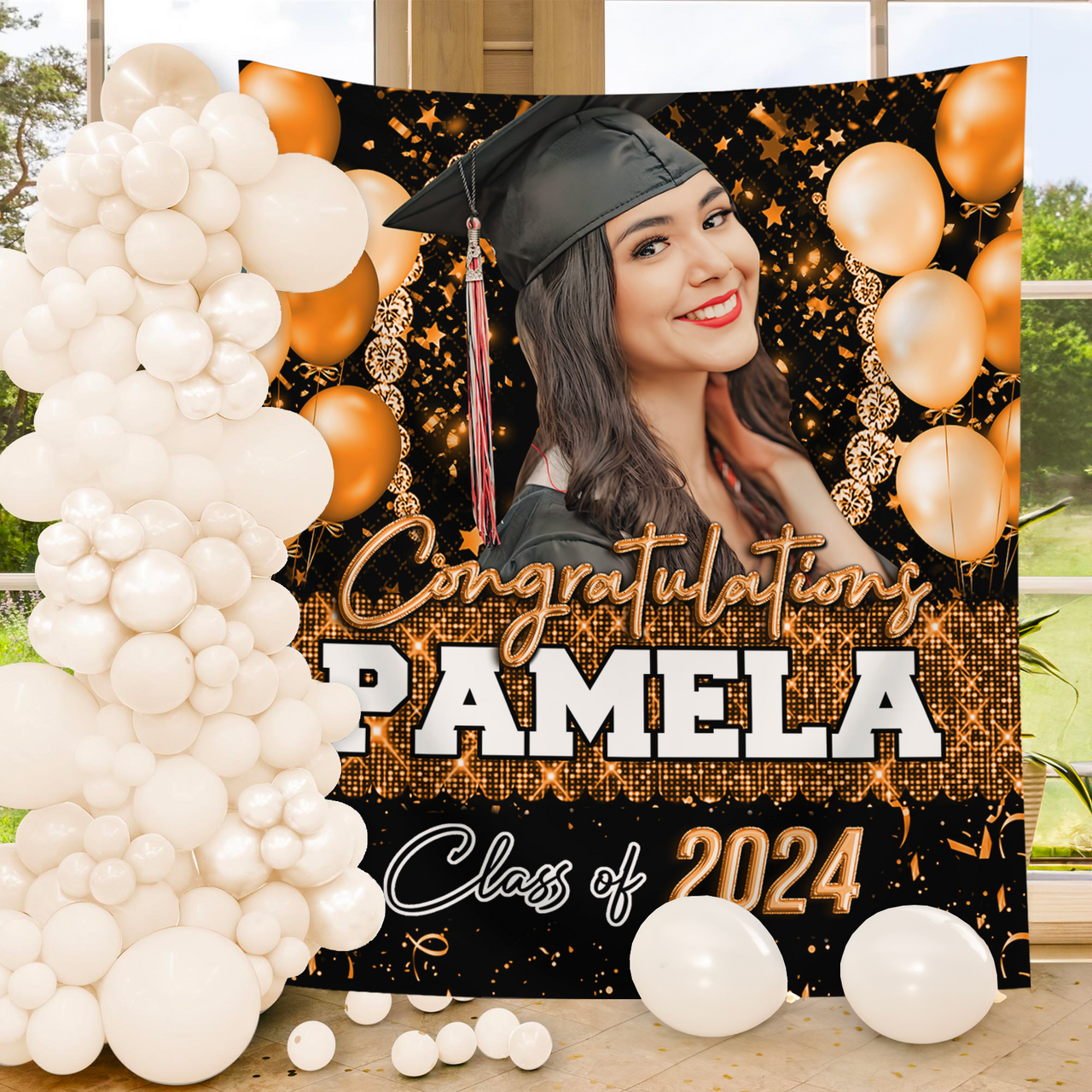 Custom Glitter Balloon Congrats Class Of 2025 Graduation Backdrop, Graduation Party Decorations FC