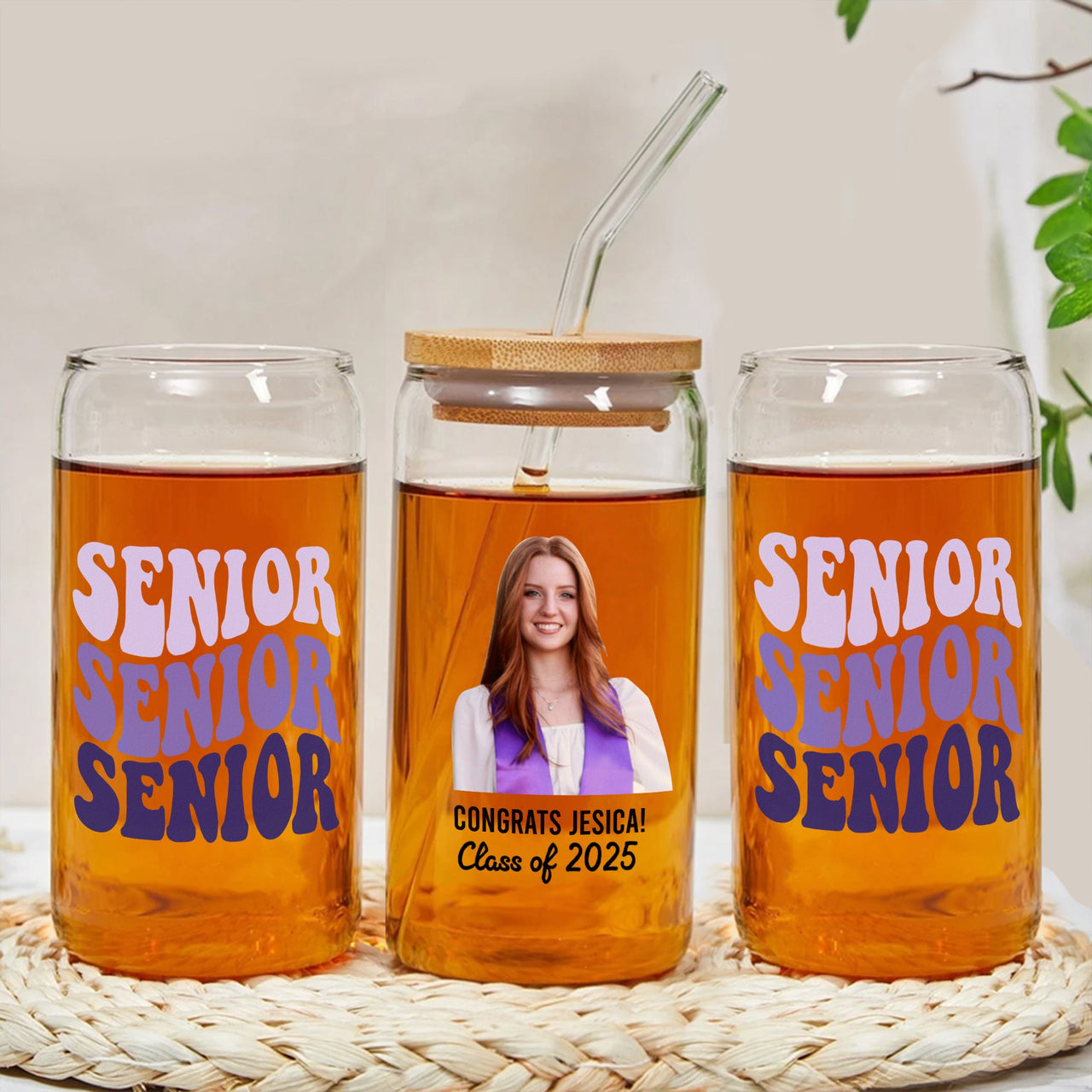 Custom Photo Glass Bottle/Frosted Bottle With Lid & Straw - Graduation Gift - Class Of 2025 Senior Retro Gift FC