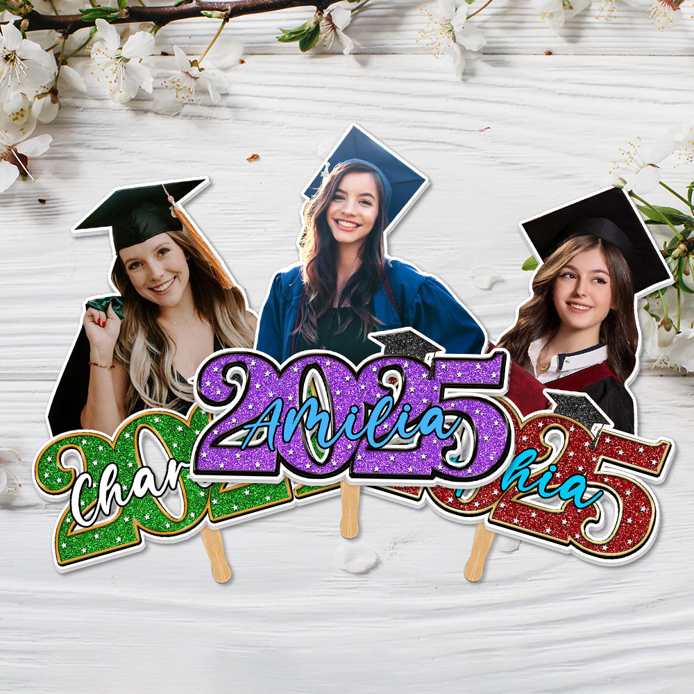 Personalized Face Fans With Wooden Handle - Graduation Keepsake Gift - Colorful Glitter Senior Photo Class Of 2025 FC