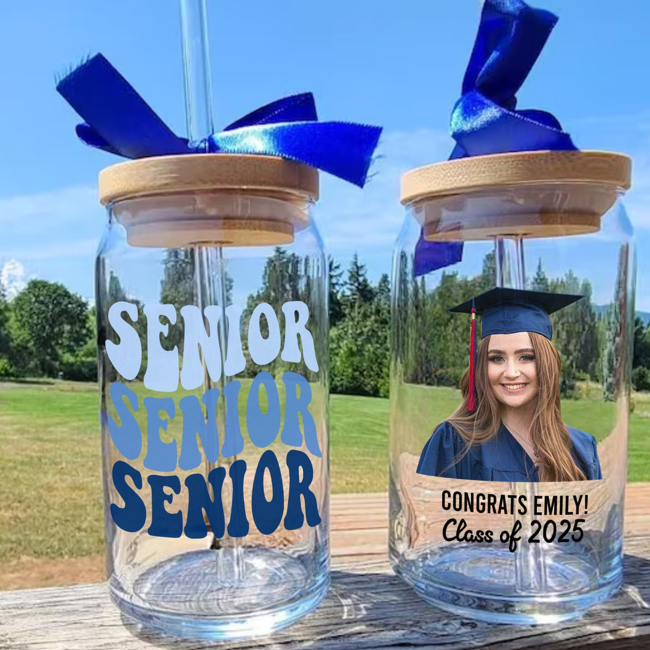 Custom Photo Glass Bottle/Frosted Bottle With Lid & Straw - Graduation Gift - Class Of 2025 Senior Retro Gift FC