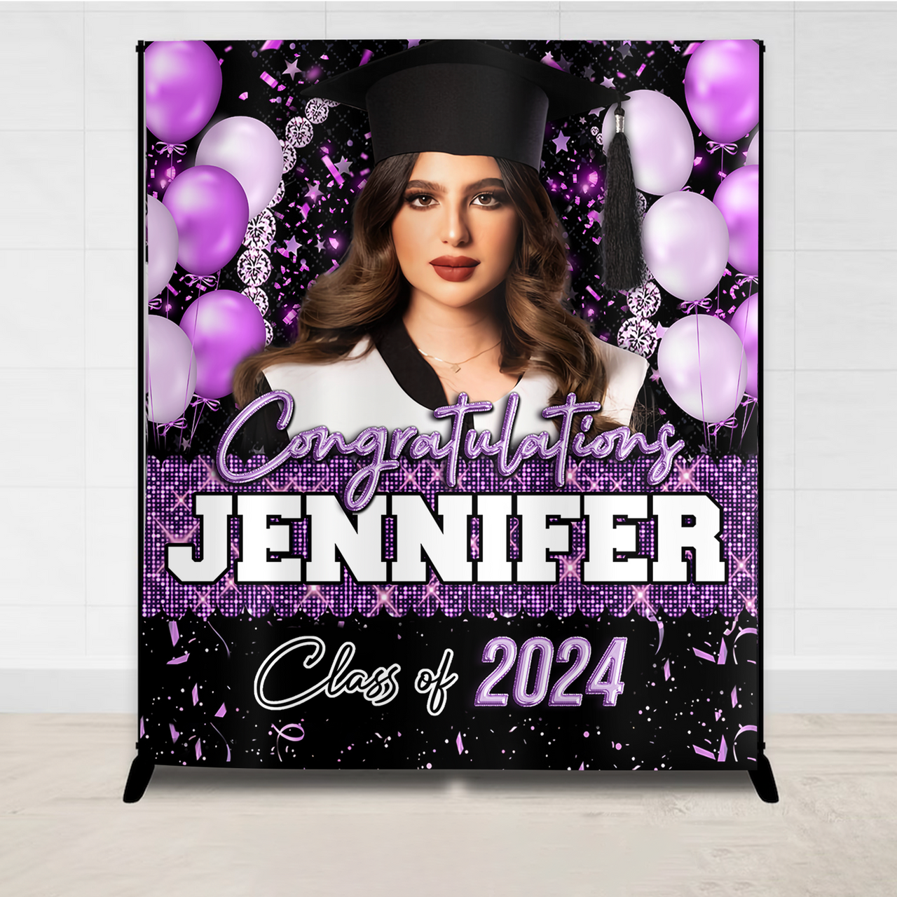 Custom Glitter Balloon Congrats Class Of 2024 Graduation Backdrop, Graduation Party Decorations FC