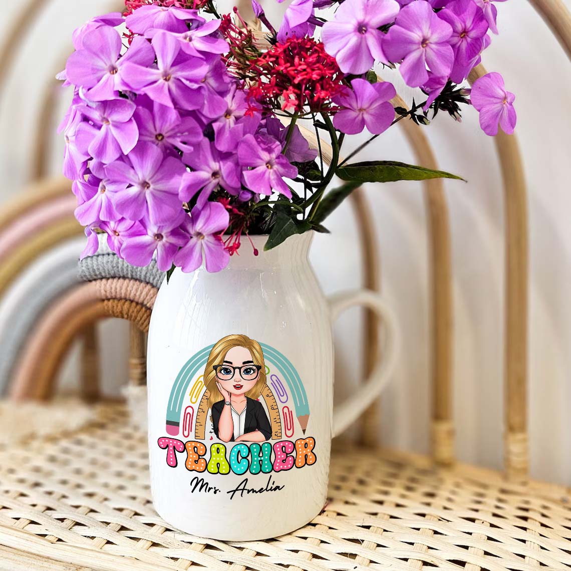 Personalized Teacher Rainbow Ceramic Flower Vase, Appreciation Gift For Teachers FC