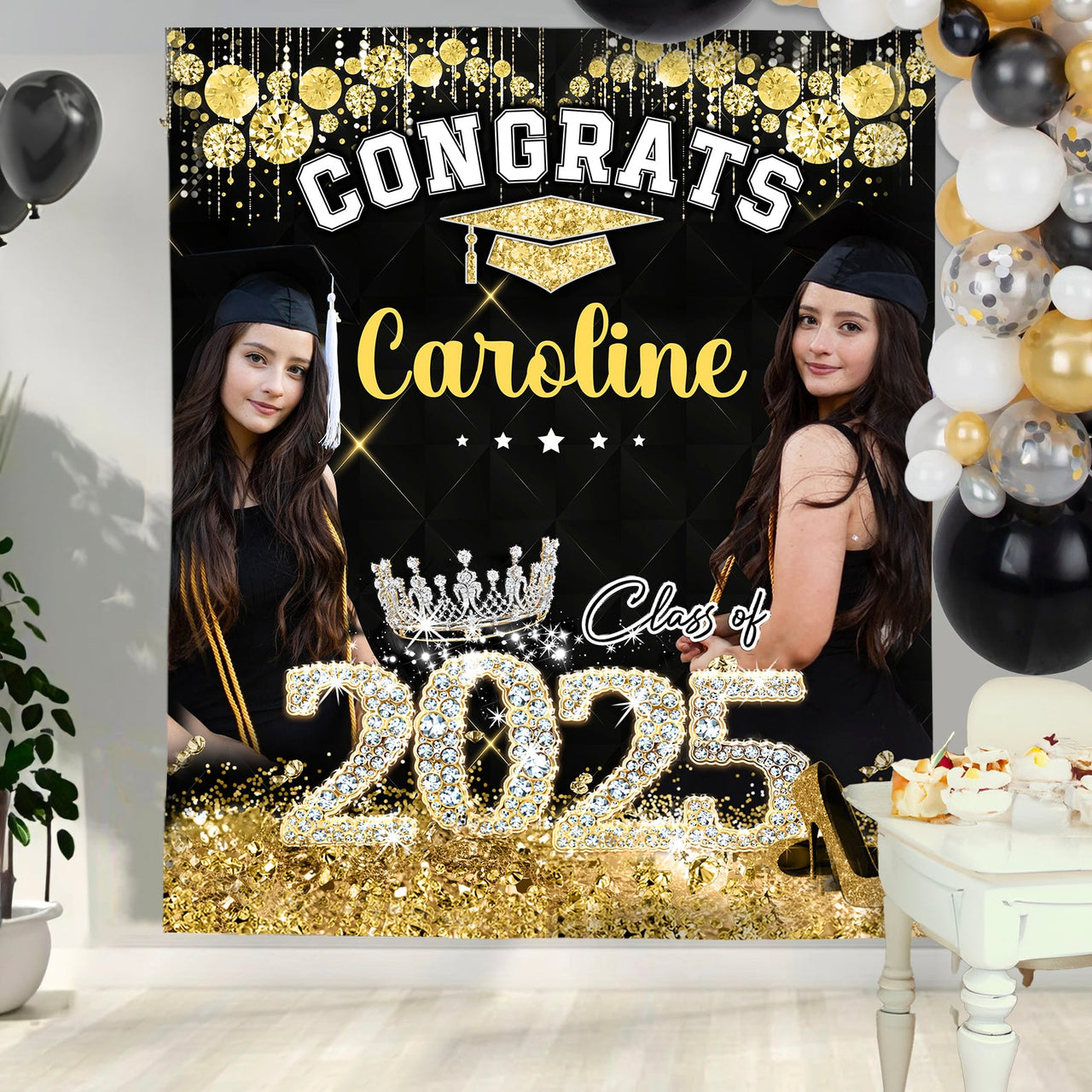 Personalized Diamond Glitter Queen Class Of 2025 Backdrop, Graduation Party Supply FC