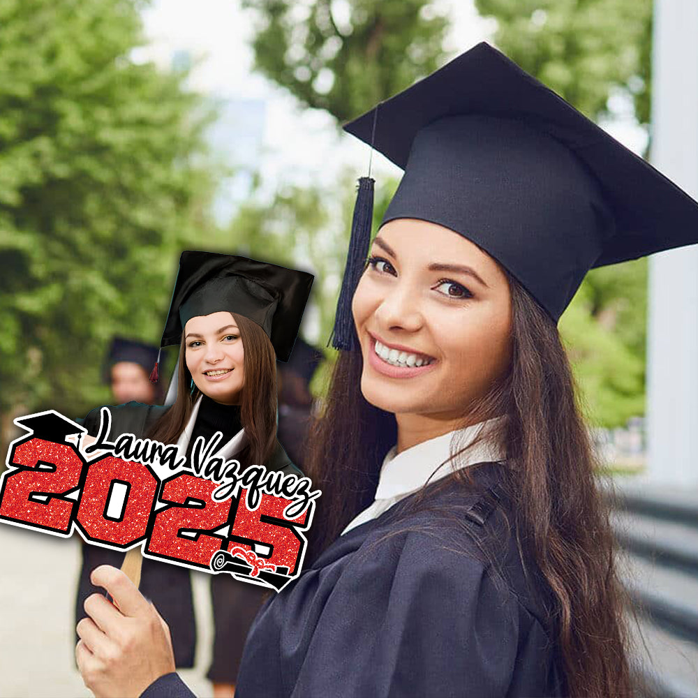 Custom Glitter 2025 Photo Graduation Face Fans With Wooden Handle, Gift For Graduation Party