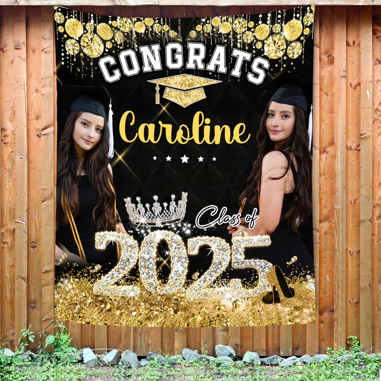 Personalized Diamond Glitter Queen Class Of 2025 Backdrop, Graduation Party Supply FC