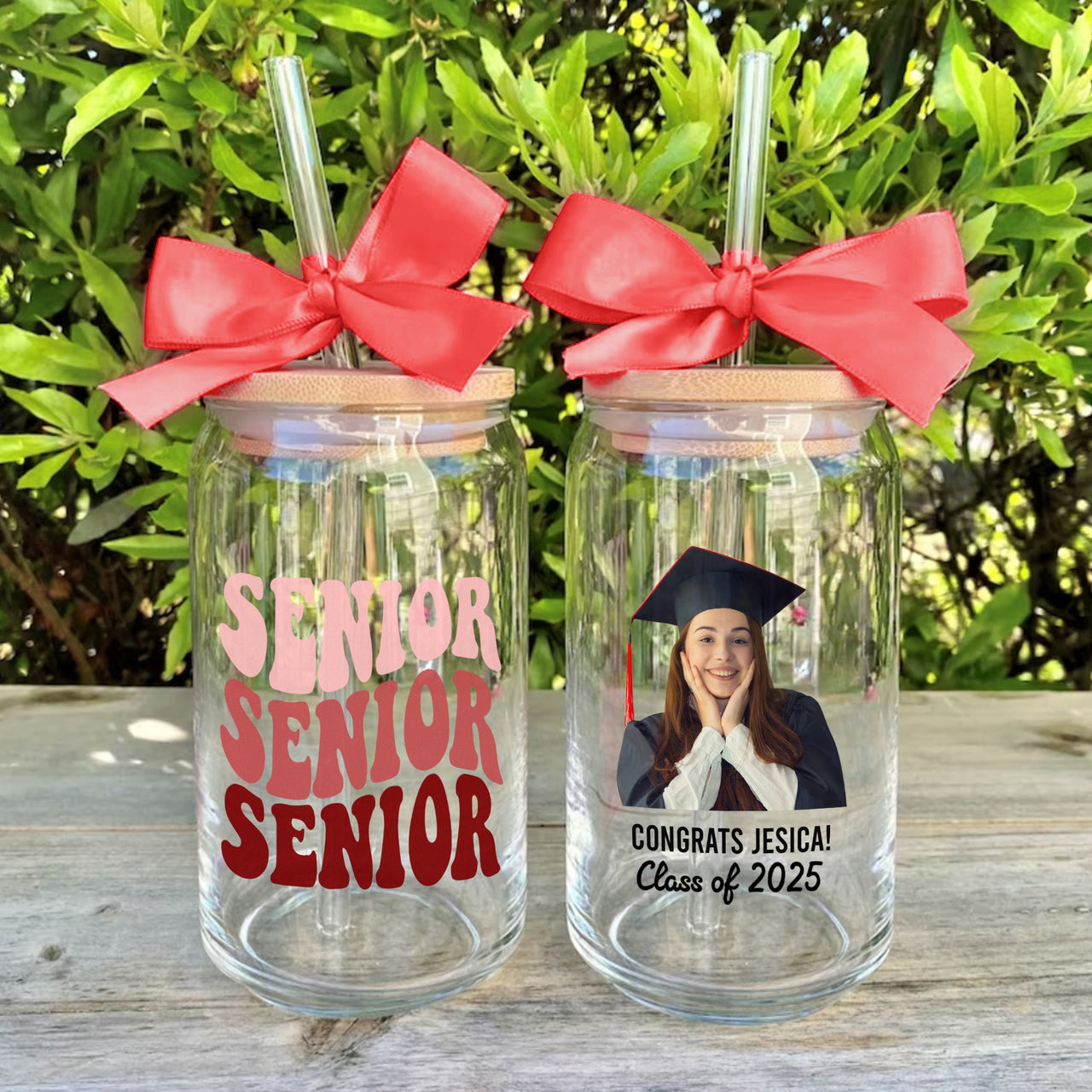 Custom Photo Glass Bottle/Frosted Bottle With Lid & Straw - Graduation Gift - Class Of 2025 Senior Retro Gift FC