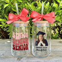 Thumbnail for Custom Photo Glass Bottle/Frosted Bottle With Lid & Straw - Graduation Gift - Class Of 2025 Senior Retro Gift FC