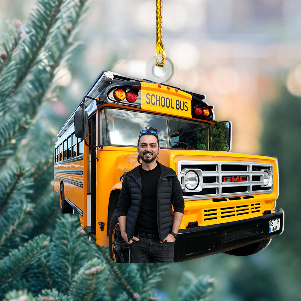 Personalized Acrylic Ornament - For School Bus Drivers - A Man Drivers With His School Bus Photo AC
