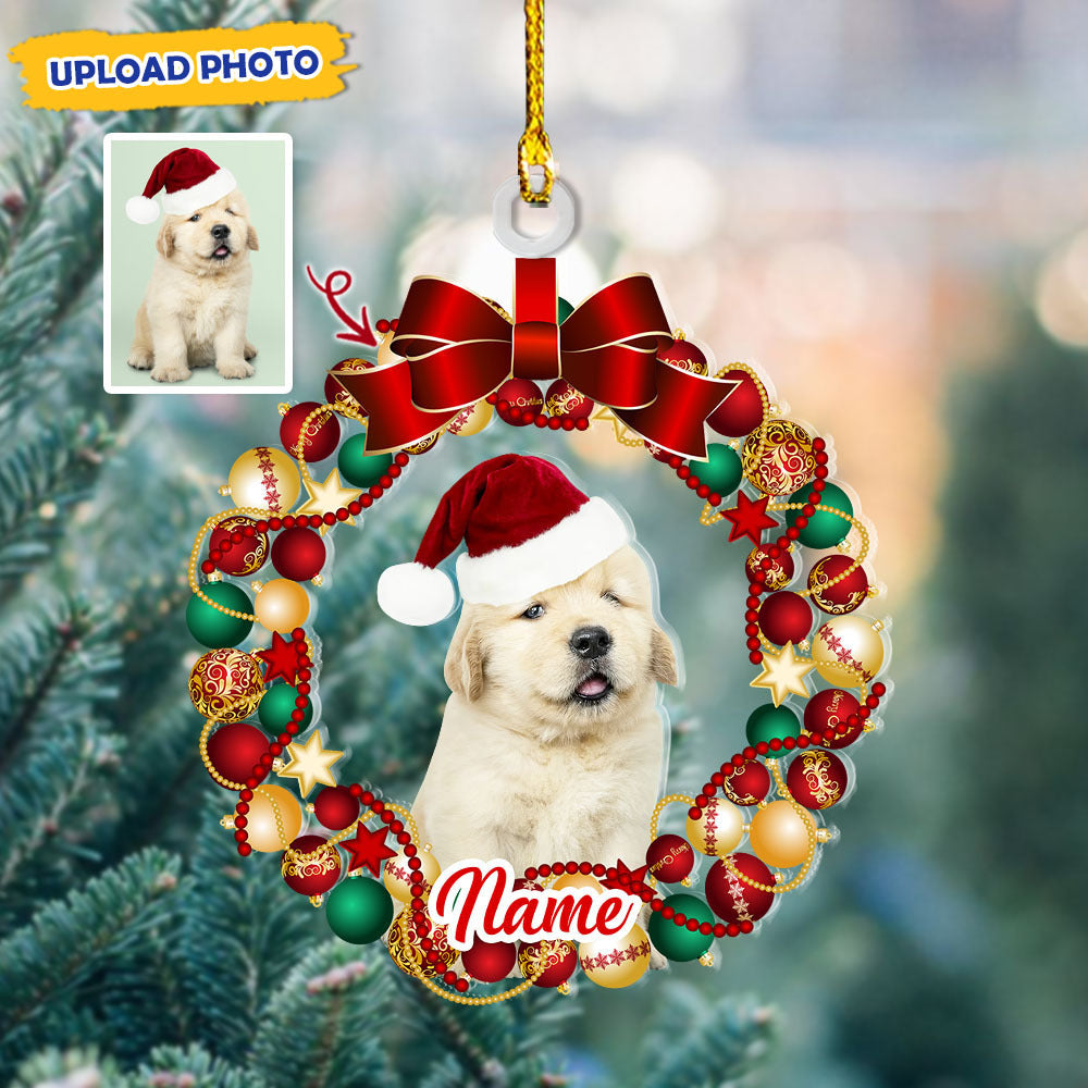 Personalized Acrylic Ornament - Christmas Gift For Pet Lover - Pet Photo Red Bauble Wreath AC
