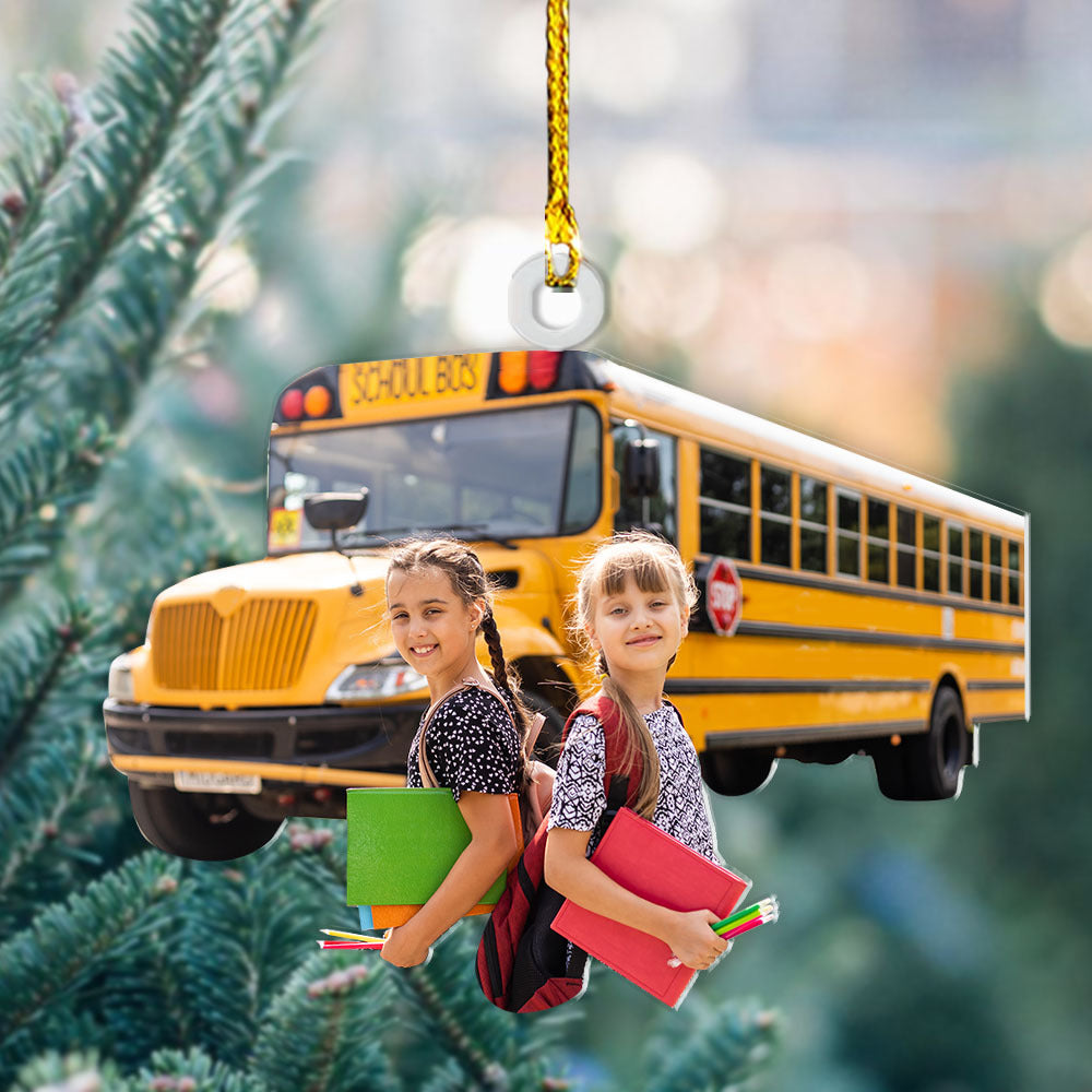 Personalized Acrylic Ornament - For School Bus Drivers - School Bus With 2 Kids Photo AC