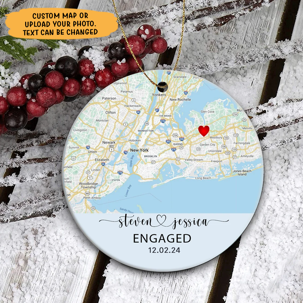 Personalized Map Photo Engagement Ceramic Ornament, DIY Gift for Couple FC