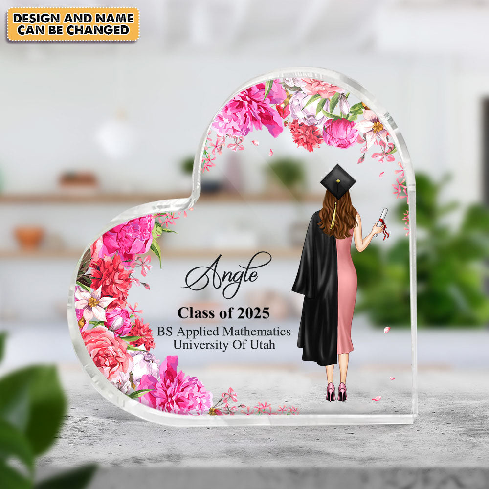 Custom Girl With Flowers Graduation Heart Shaped Acrylic Plaque, Graduation Gift FC