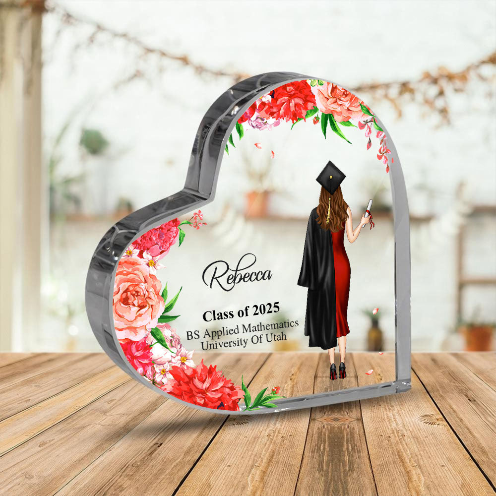 Custom Girl With Flowers Graduation Heart Shaped Acrylic Plaque, Graduation Gift FC