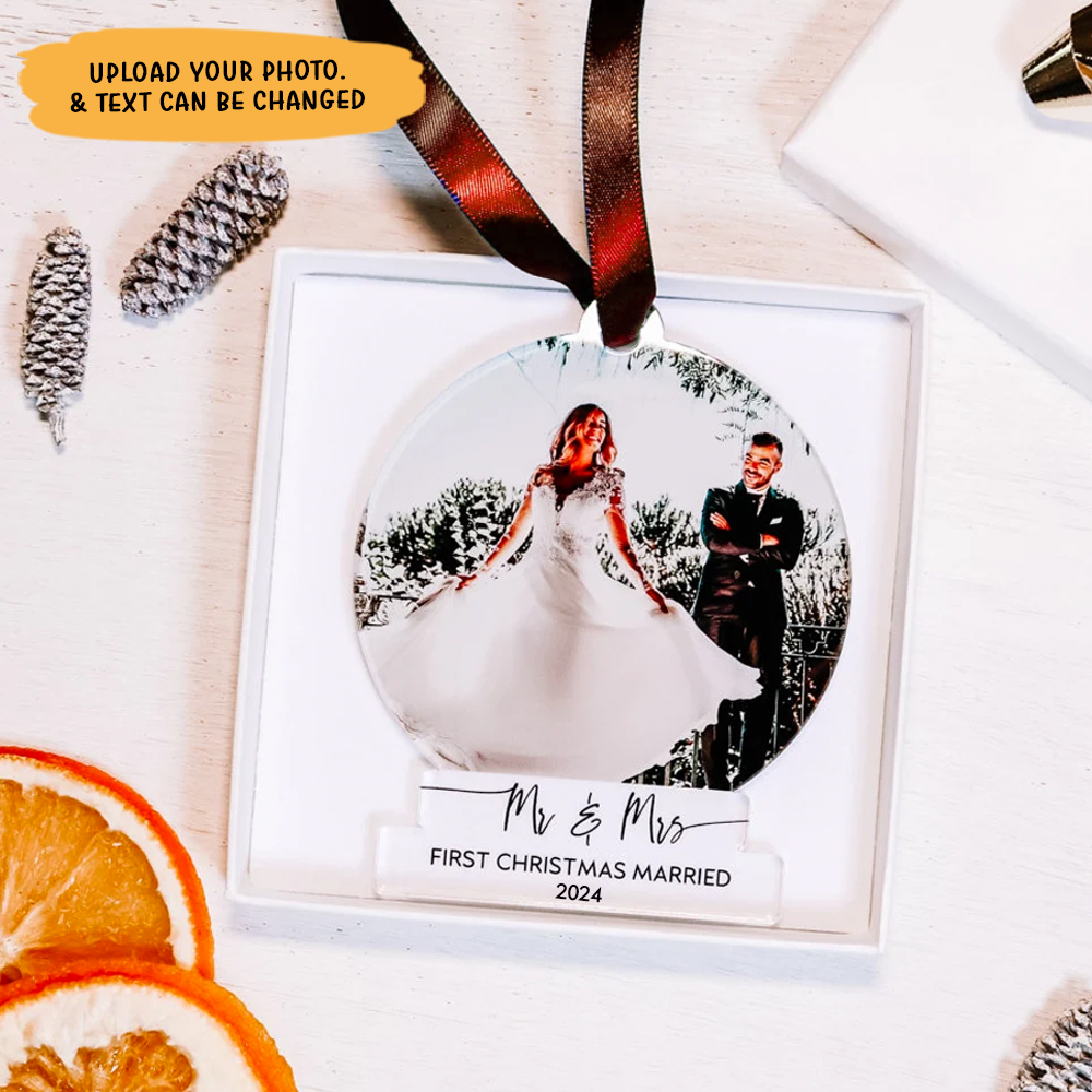 Custom Photo First Christmas Married Printed Acrylic Ornament, Wedding Couple Custom Gift FC