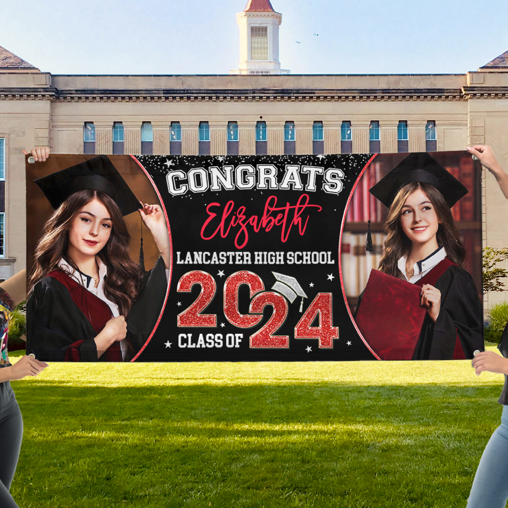 Personalized Banner - Graduation Decor Gift - 2 Photos Congrats 2024 Graduate FC