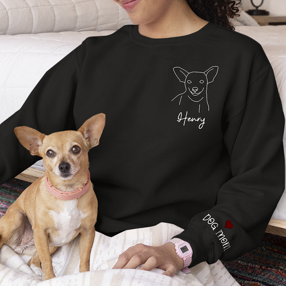 Personalized Embroidered T-shirt - Gift For Pet Lovers - Dog Cat Embroidery Photo Line Drawing FC