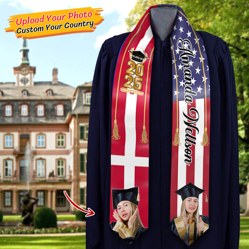 Custom 58 Countries With Photo Class Of 2025 Stole/Sash, Graduation Gift FC