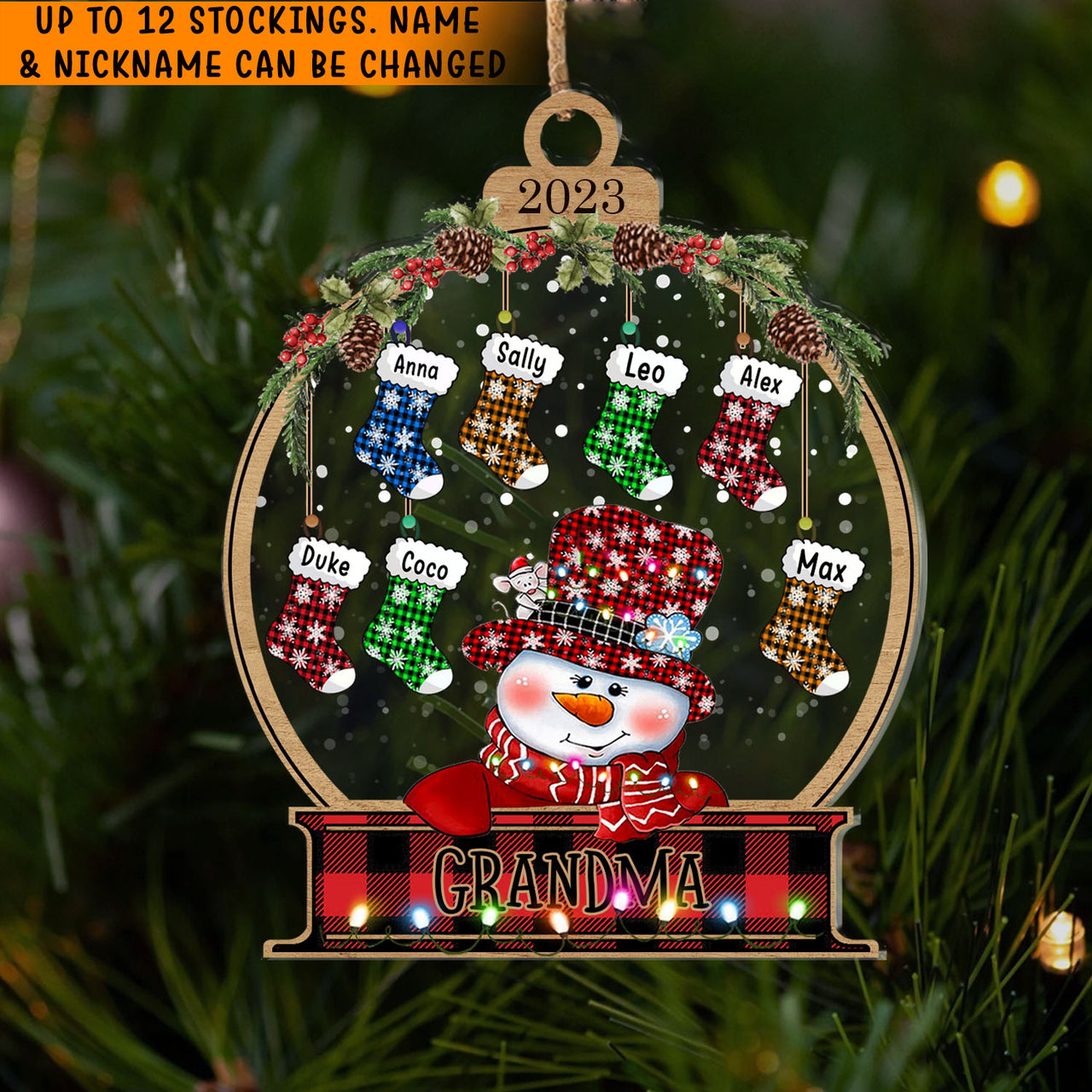 Personalized Multicolor Snowman Grandma Grandkids Stockings Printed Acrylic Ornament, Customized Holiday Gift For Grandma Nana Mommy Aunt AE