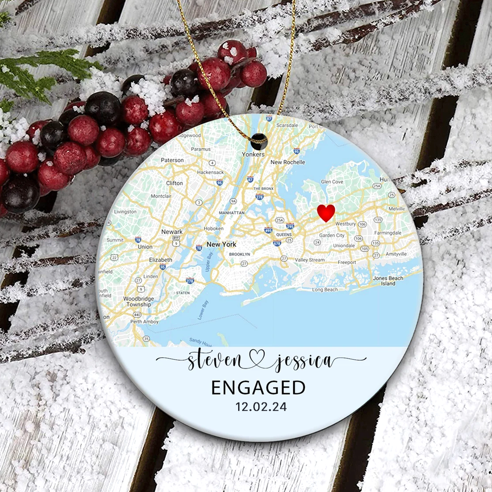 Personalized Map Photo Engagement Ceramic Ornament, DIY Gift for Couple FC