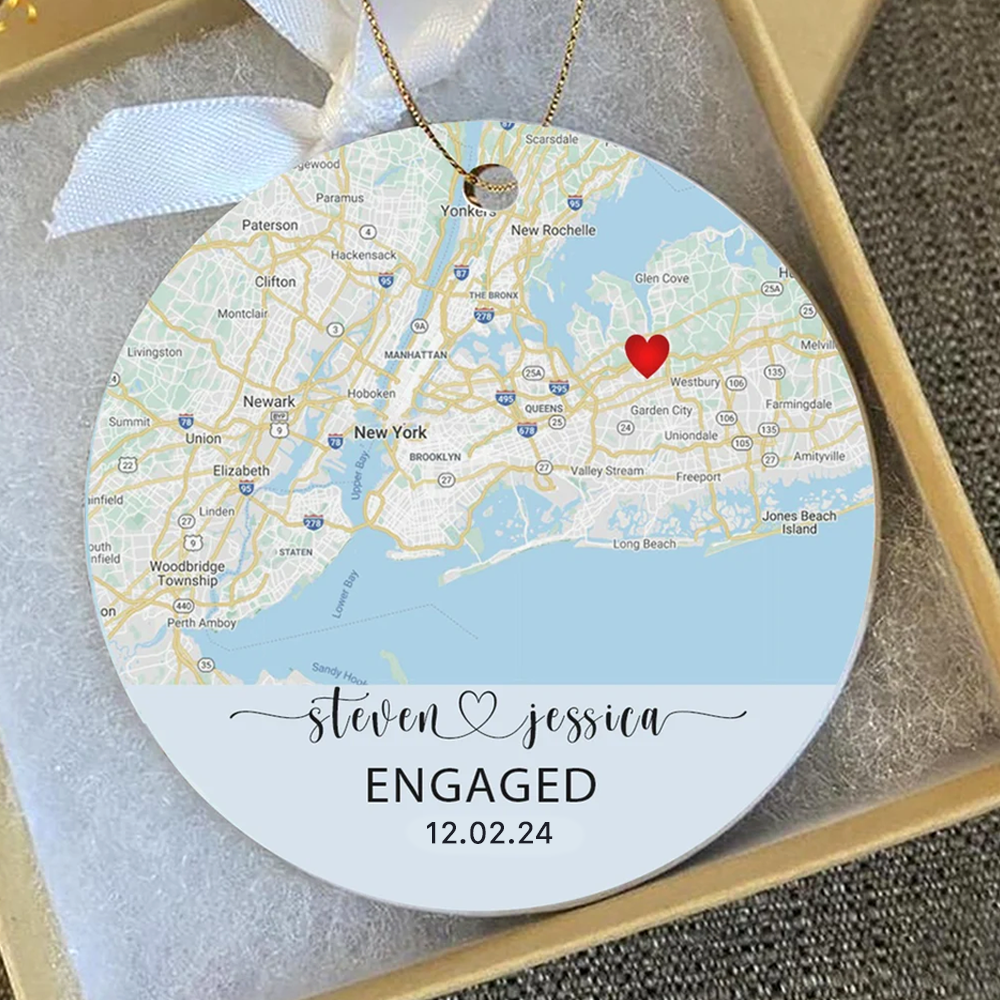 Personalized Map Photo Engagement Ceramic Ornament, DIY Gift for Couple FC