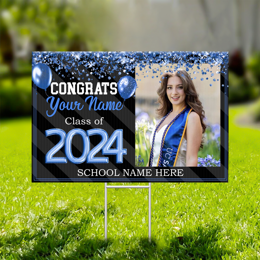 Personalized Congrats 2024 Senior Photo Multicolor Glitter Balloon Yard Sign With Stake, Graduation Decoration Gift FC