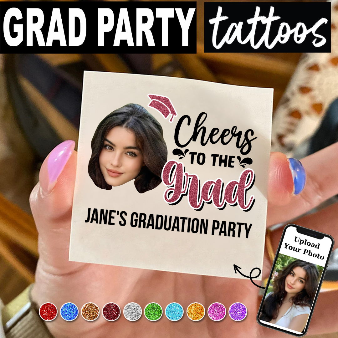 Personalized Graduation Party Face Photo Temporary Tattoos, Cheer to Our Graduate FC