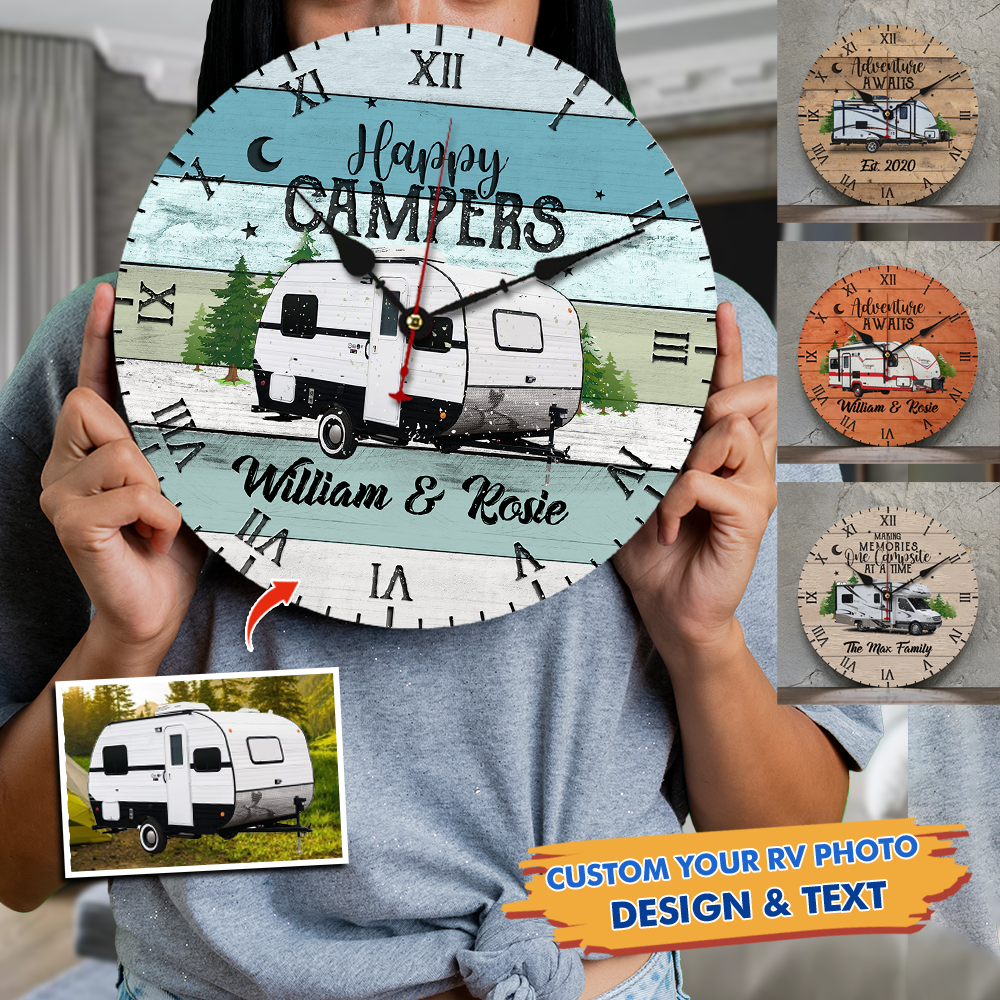 Custom RV Photo Happy Campers Camping Wall Wooden Clock, Gift For Camper FC