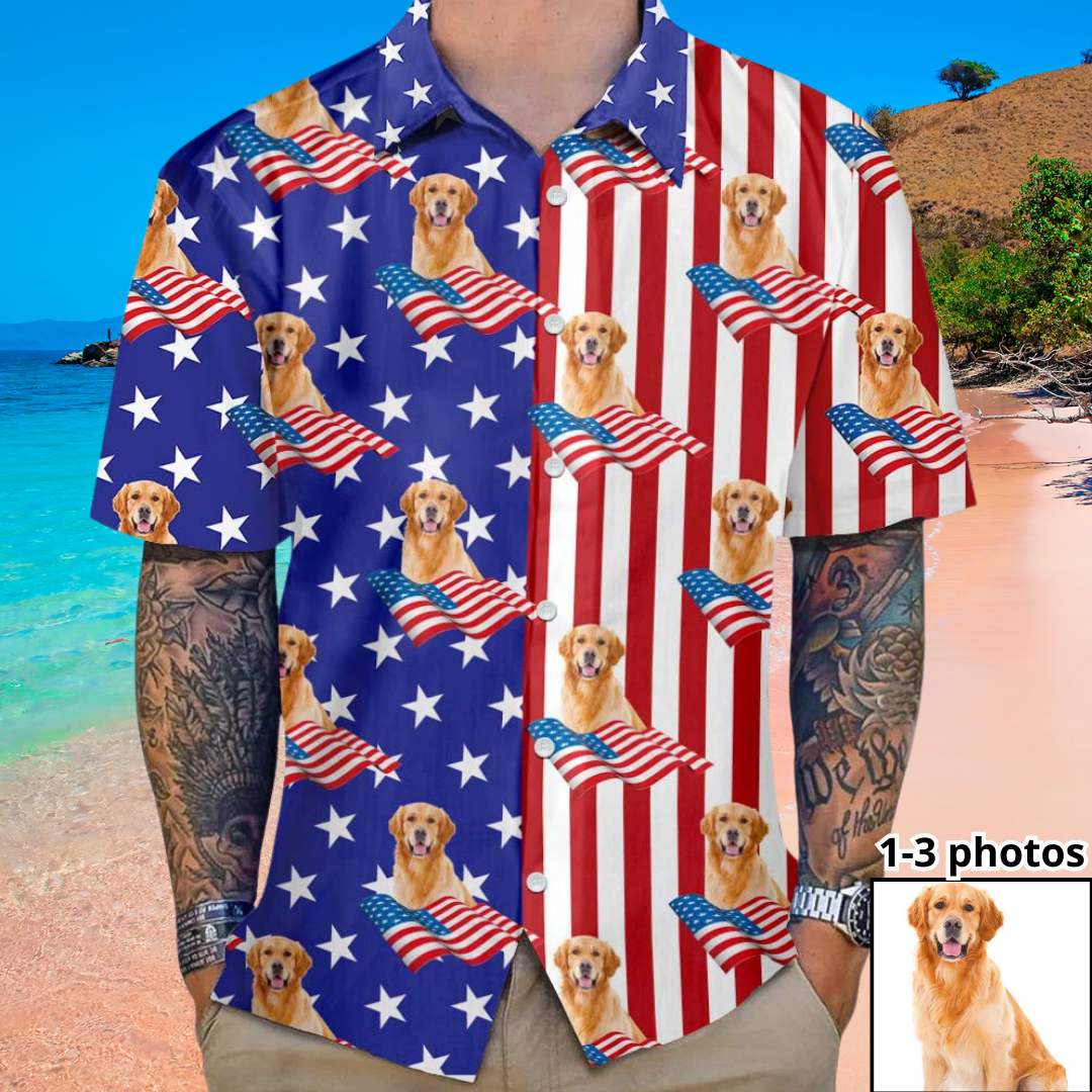 Personalized American Flag Face Photo Hawaiian Shirt, Summer Gift For Dog Cat Lovers FC