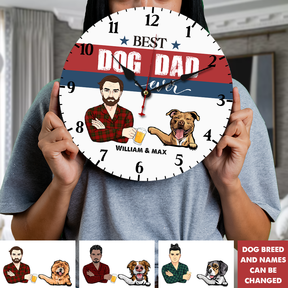 Personalized Best Dog Dad Ever Wall Wooden Clock, Gift For Dog Lovers FC