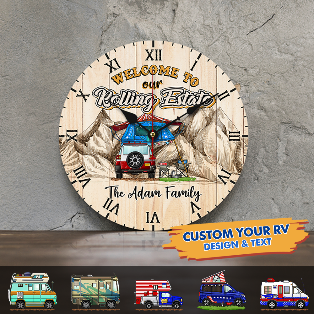 Personalized Welcome To Our Rolling Estate Camping Couple Wall Wooden Clock, Gift For Camping Lovers FC