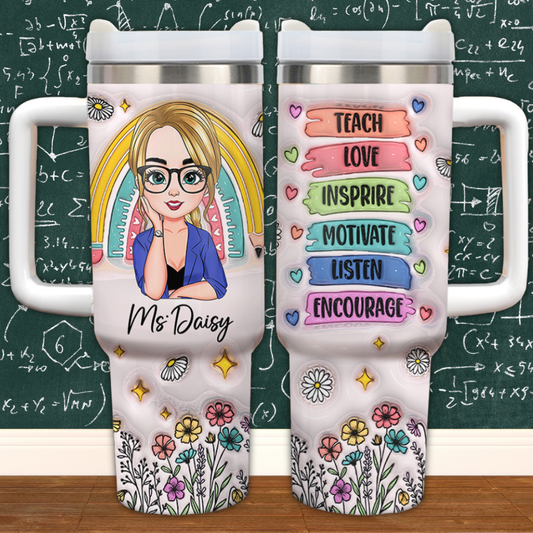 Personalized 3D Inflated Floral Teacher 40oz Tumbler - Gift For Teacher FC