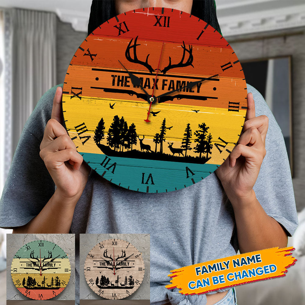 Personalized Family Name Hunting Wall Wooden Clock, Gift For Hunting Lovers FC