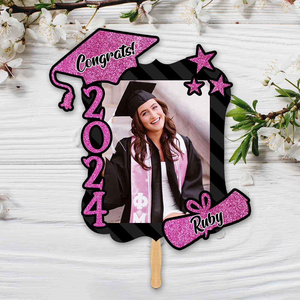 Custom Congrats 2024 With Name Photo Graduation Face Fans With Wooden Handle, Gift For Graduation Party FC