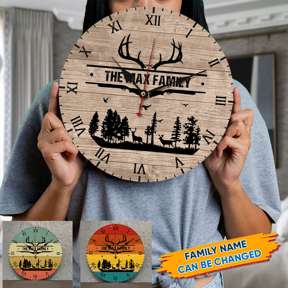 Personalized Family Name Hunting Wall Wooden Clock, Gift For Hunting Lovers FC