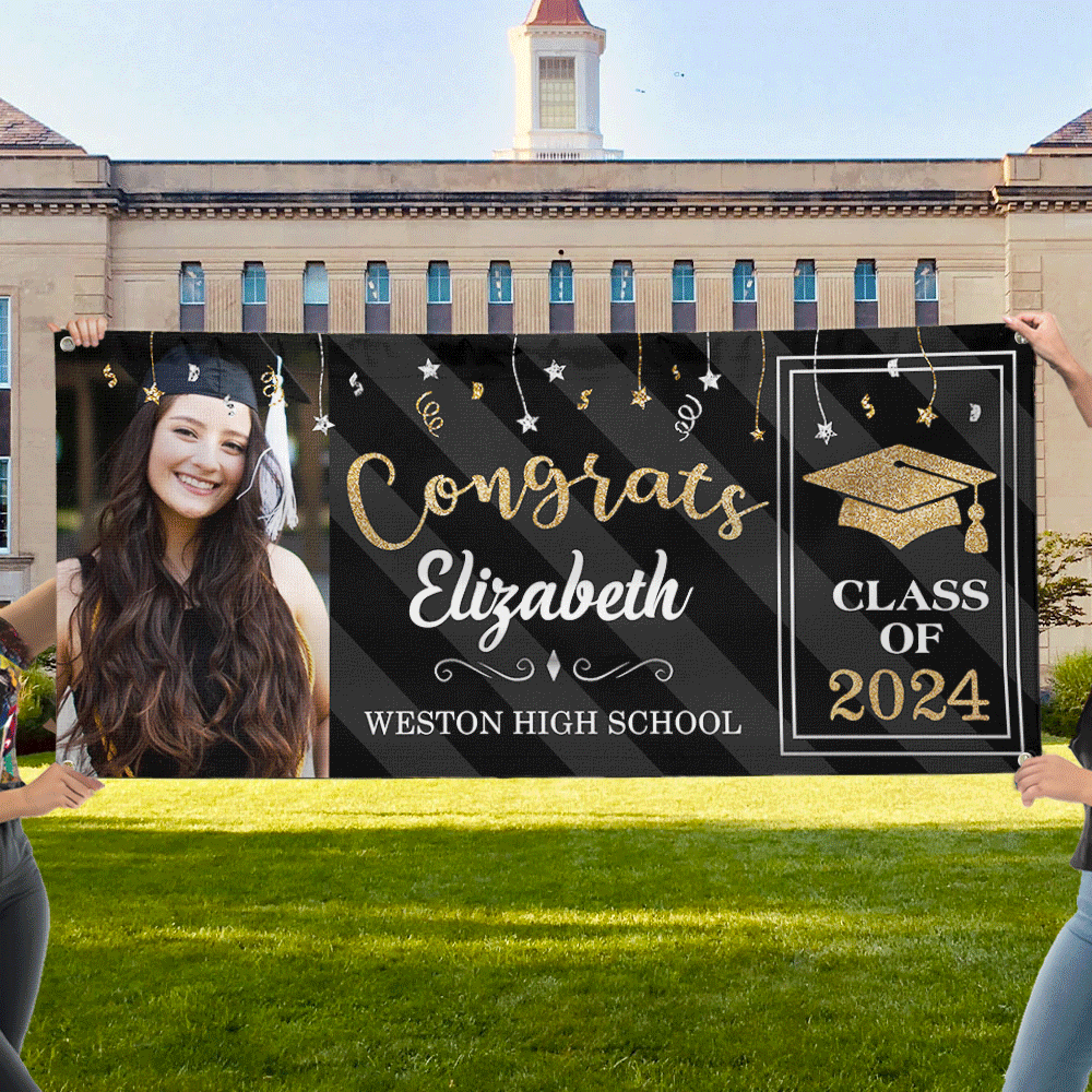 Custom Graduation 2024 Banner with Glitter Photo - Graduation Gift FC