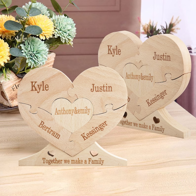 Personalized Wooden Heart Puzzle - Gift For Family - Handcrafted Room Decor JonxiFon
